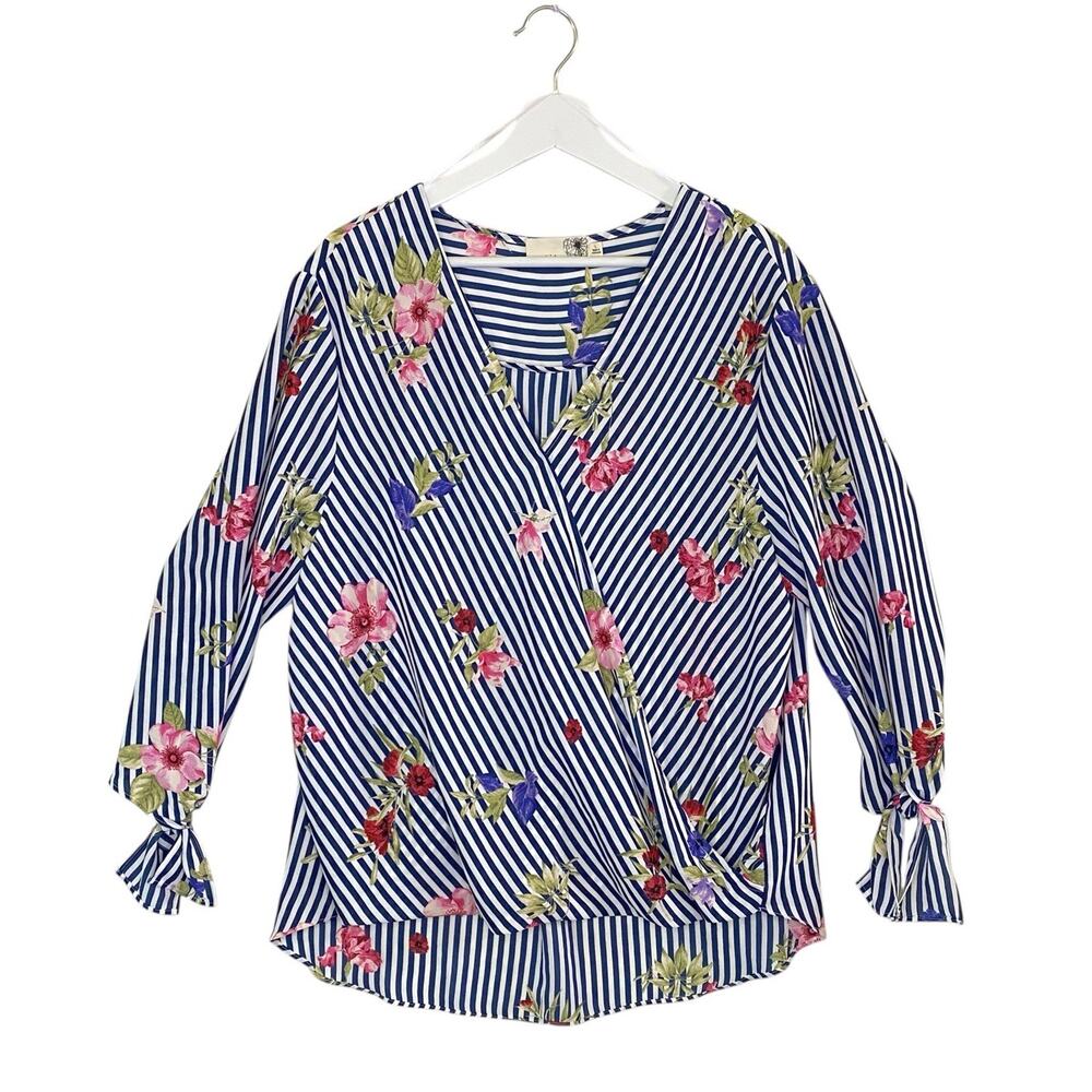 Everleigh Blouse Womens L Blue Floral Striped 3/4 Sleeve Tie Cuff V-Neck Stripe